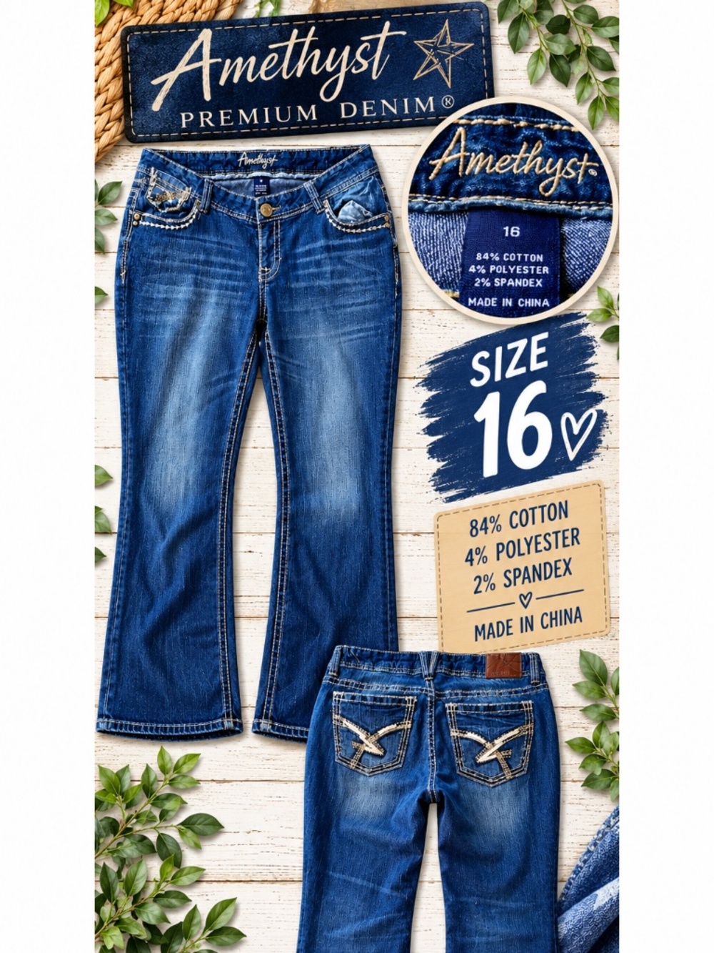 Amethyst Premium Denim Size 16 Embellished Bootcut Jeans Y2K Dark Wash